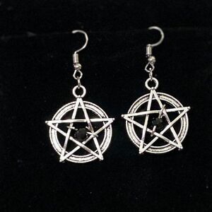 Silver Pentacle Black Stone Accent Dangle Earrings NEW